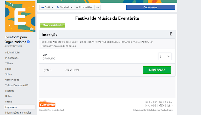 Customize o Eventbistro no Facebook
