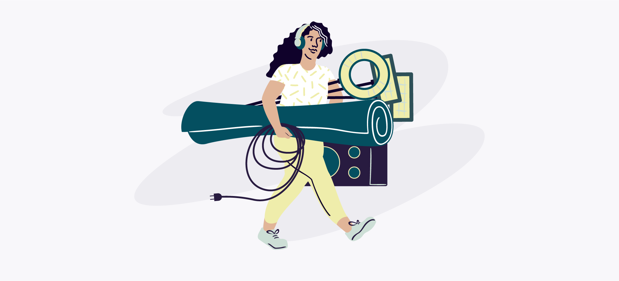 A graphic of a woman listening to headphones and carrying various event supplies.