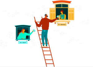 A graphic of a person climbing a ladder to talk to the VP of Marketing.